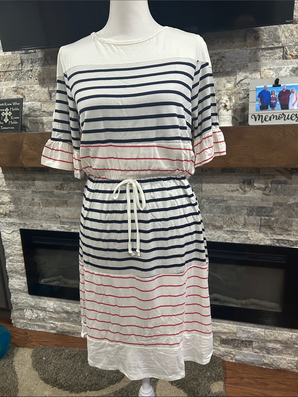 Women's Striped Drawstring Waist Dress - White with Navy & Red Stripes NEW Small